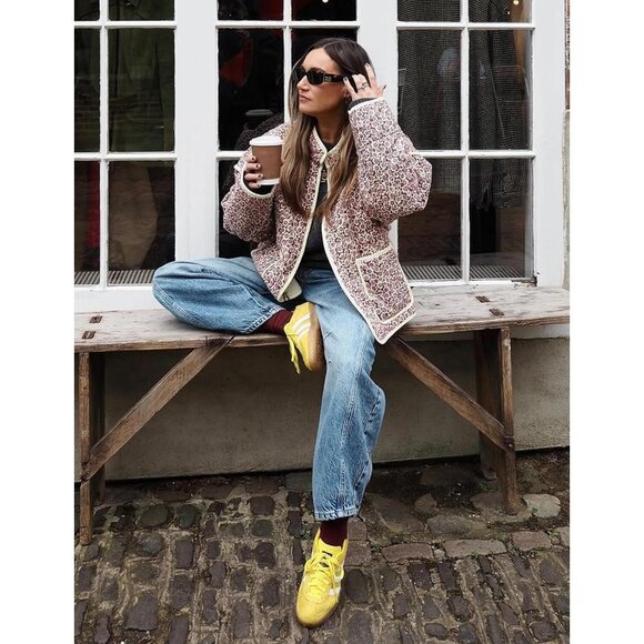 Women's Floral Quilted Jackets Cropped Button Down Padded Puffer Jacket Red - Picture 5 of 8